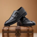 Men's Premium Black Leather Formal Monk Double Straps Shoes for Office, Wedding & Party Wear