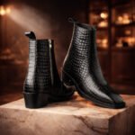 Luxury Crocodile-Embossed Black Leather Ankle Boots