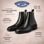 Luxury Crocodile-Embossed Black Leather Ankle Boots - Image 2