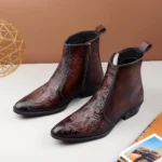 Elegant Embossed Brown Crust Leather Zipper Ankle Boots