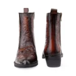 Elegant Embossed Tan Crust Leather Zipper Ankle Boots with flower print - Image 3