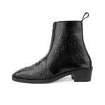 Elegant Embossed Black Crust Leather Zipper Ankle Boots with flower print - Image 3