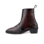 Elegant Embossed Brown Crust Leather Zipper Ankle Boots with flower print - Image 3
