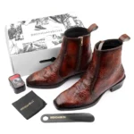 Elegant Embossed Tan Crust Leather Zipper Ankle Boot with flower print - Image 2