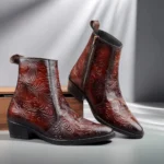 Elegant Embossed Tan Crust Leather Zipper Ankle Boots with flower print