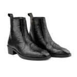 Elegant Embossed Black Crust Leather Zipper Ankle Boots with flower print - Image 4
