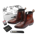 Elegant Embossed Tan Crust Leather Zipper Ankle Boots with flower print - Image 2