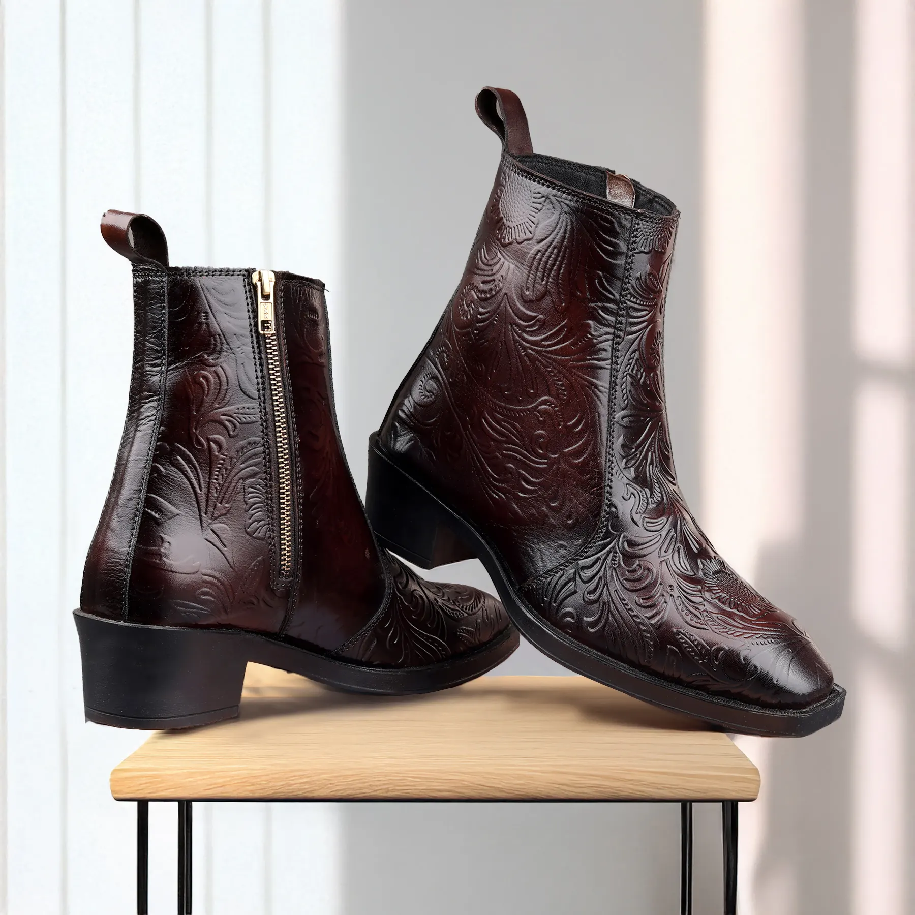 n9fntdmmebxruyqiyzmu.webp Elegant Embossed Brown Crust Leather Zipper Ankle Boots with flower print - Image 1