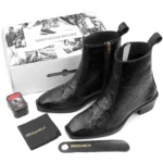 Elegant Embossed Black Crust Leather Zipper Ankle Boots with flower print - Image 2