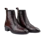 Elegant Embossed Brown Crust Leather Zipper Ankle Boots with flower print - Image 5