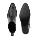 Elegant Embossed Black Crust Leather Zipper Ankle Boots with flower print - Image 4