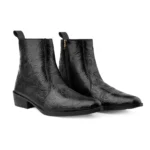 Elegant Embossed Black Crust Leather Zipper Ankle Boots with flower print - Image 5