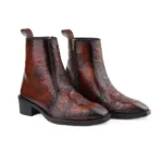 Elegant Embossed Tan Crust Leather Zipper Ankle Boot with flower print - Image 4