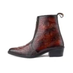 Elegant Embossed Tan Crust Leather Zipper Ankle Boots with flower print - Image 4