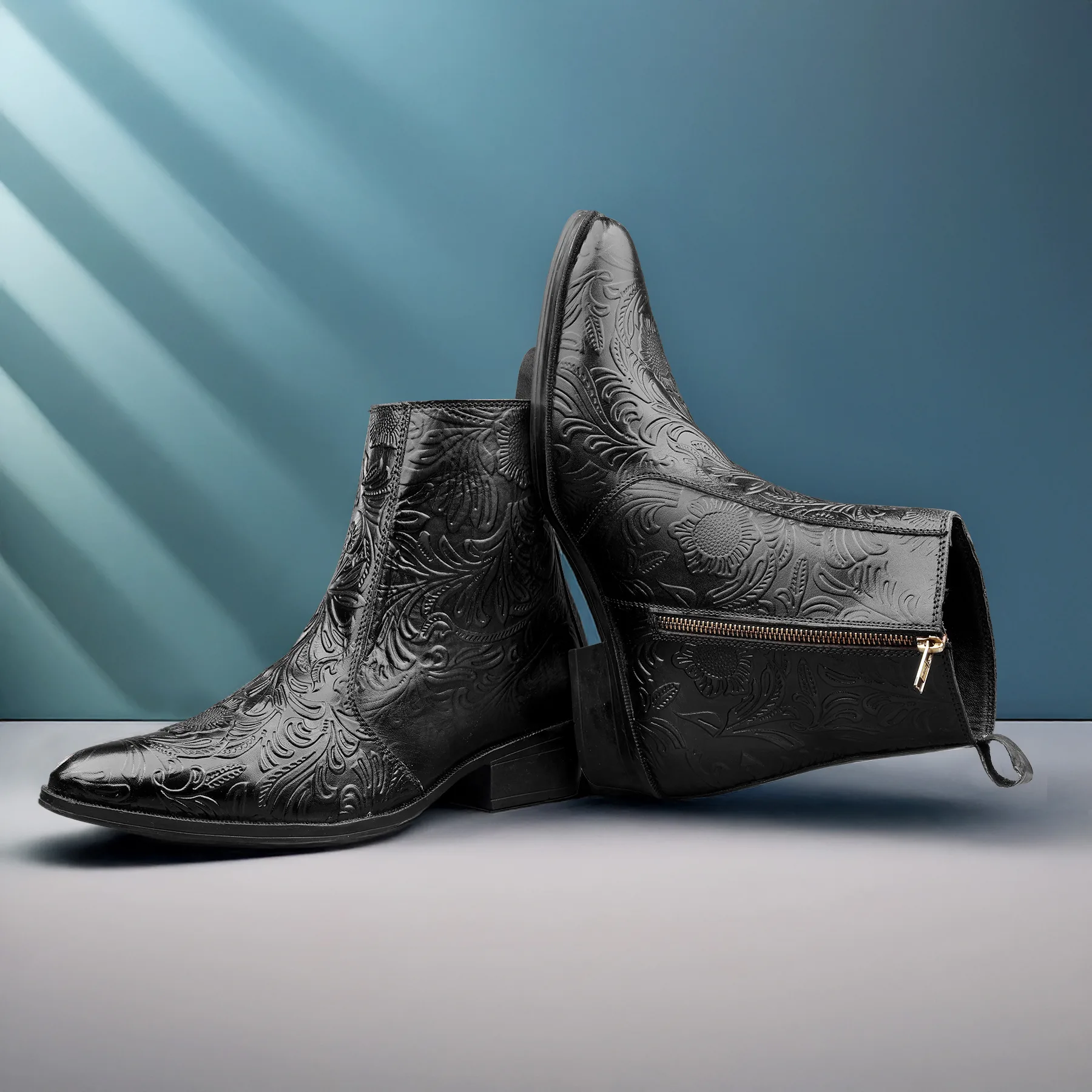 qu1awtohtxnvn7biupl1.webp Elegant Embossed Black Crust Leather Zipper Ankle Boots with flower print - Image 1