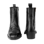 Elegant Embossed Black Crust Leather Zipper Ankle Boots with flower print - Image 5