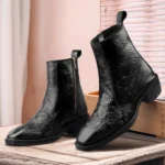 Elegant Embossed Black Crust Leather Zipper Ankle Boots with flower print