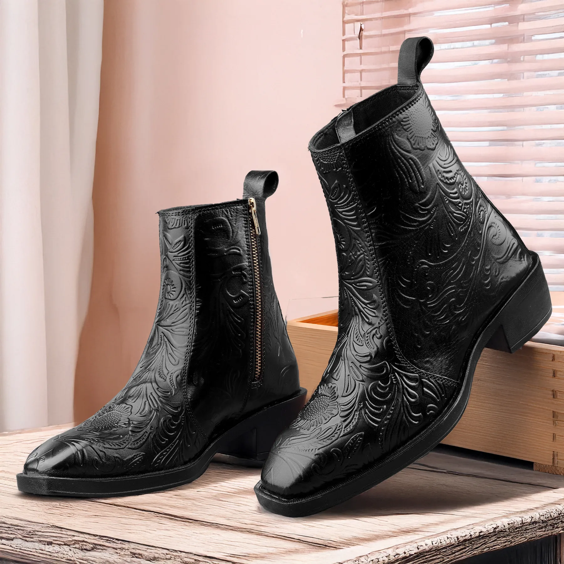 syuqn6lvnzafhdhcstvi.webp Elegant Embossed Black Crust Leather Zipper Ankle Boots with flower print - Image 1