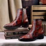 Elegant Embossed Tan Crust Leather Zipper Ankle Boot with flower print