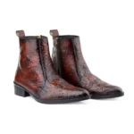 Elegant Embossed Tan Crust Leather Zipper Ankle Boots with flower print - Image 6