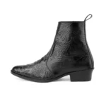 Elegant Embossed Black Crust Leather Zipper Ankle Boots with flower print - Image 6