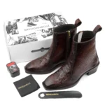 Elegant Embossed Brown Crust Leather Zipper Ankle Boots with flower print - Image 2