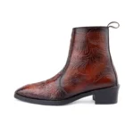 Elegant Embossed Tan Crust Leather Zipper Ankle Boot with flower print - Image 6